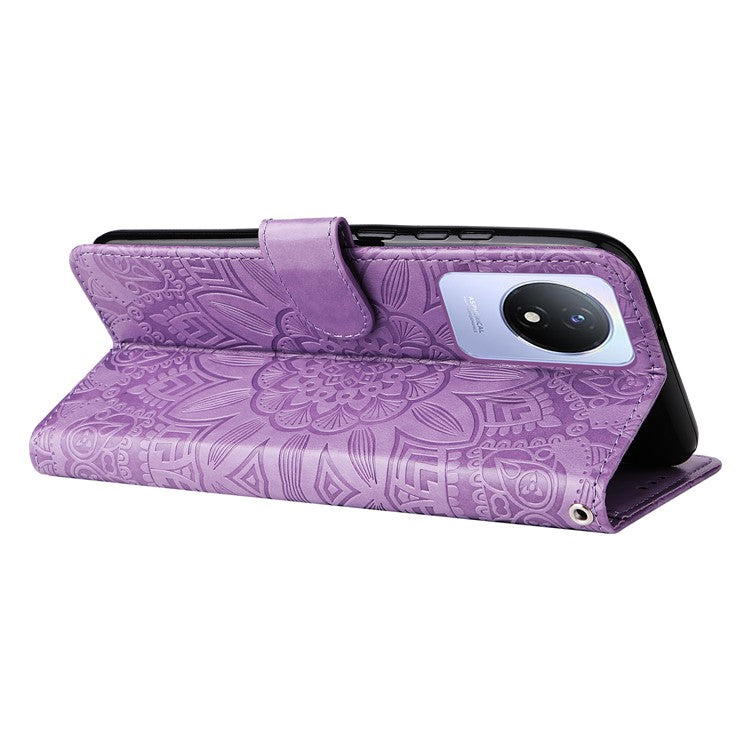 For vivo Y02 4G Phone Leather Cover Sunflower Imprinted Wallet Cell Phone Stand Case - Purple