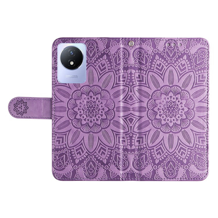 For vivo Y02 4G Phone Leather Cover Sunflower Imprinted Wallet Cell Phone Stand Case - Purple