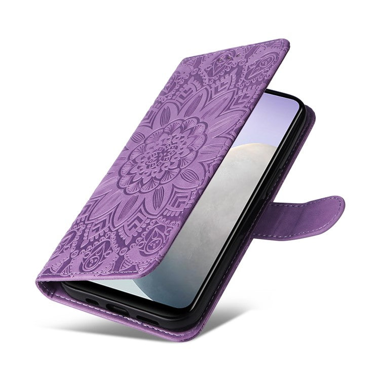 For vivo Y02 4G Phone Leather Cover Sunflower Imprinted Wallet Cell Phone Stand Case - Purple