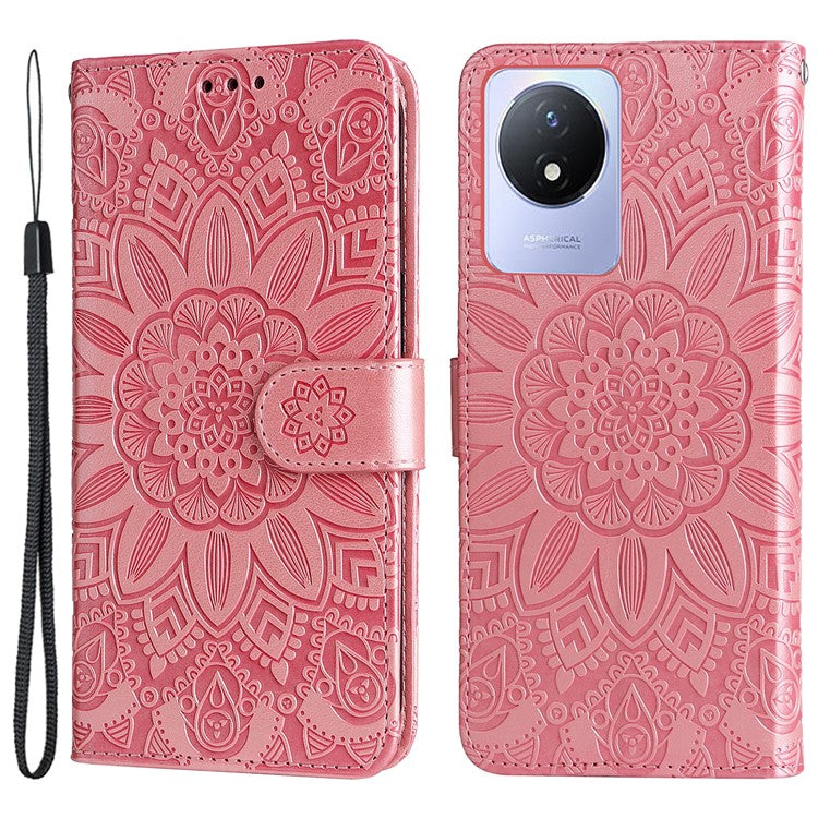 For vivo Y02 4G Phone Leather Cover Sunflower Imprinted Wallet Cell Phone Stand Case - Pink