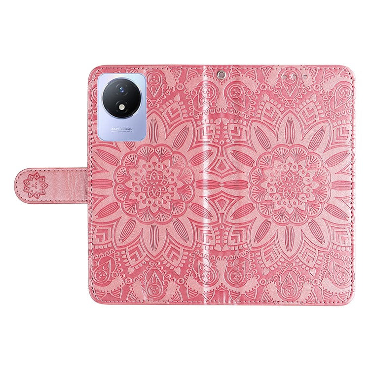 For vivo Y02 4G Phone Leather Cover Sunflower Imprinted Wallet Cell Phone Stand Case - Pink