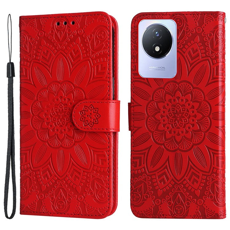 For vivo Y02 4G Phone Leather Cover Sunflower Imprinted Wallet Cell Phone Stand Case - Red