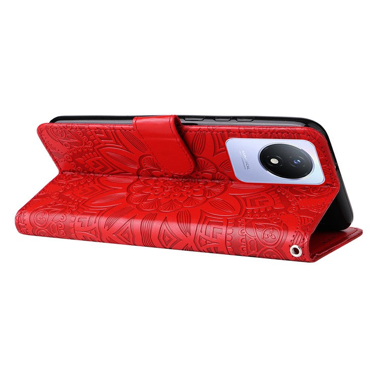 For vivo Y02 4G Phone Leather Cover Sunflower Imprinted Wallet Cell Phone Stand Case - Red