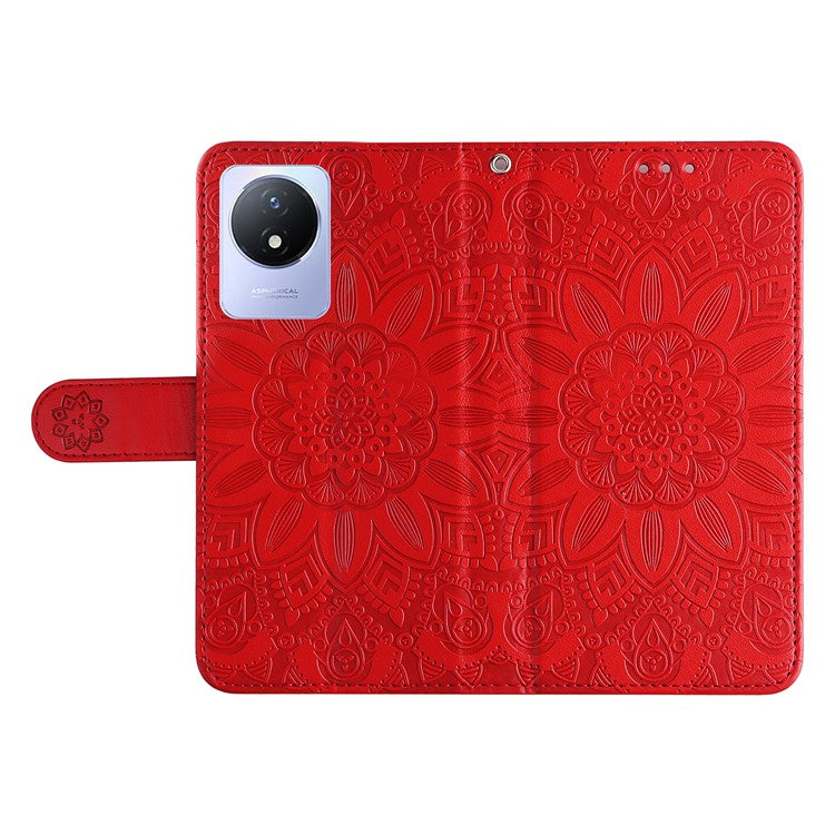 For vivo Y02 4G Phone Leather Cover Sunflower Imprinted Wallet Cell Phone Stand Case - Red