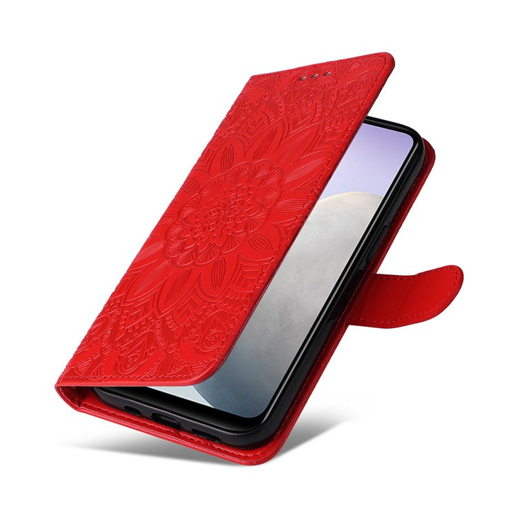 For vivo Y02 4G Phone Leather Cover Sunflower Imprinted Wallet Cell Phone Stand Case - Red