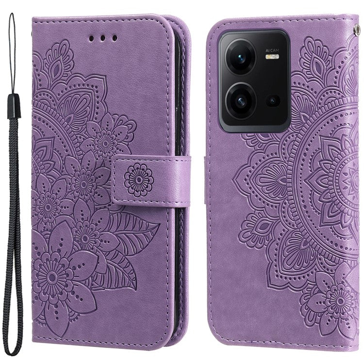 For vivo V25 5G / V25e 4G Flower Imprinting Leather Phone Cover Stand Wallet Case with Strap - Purple