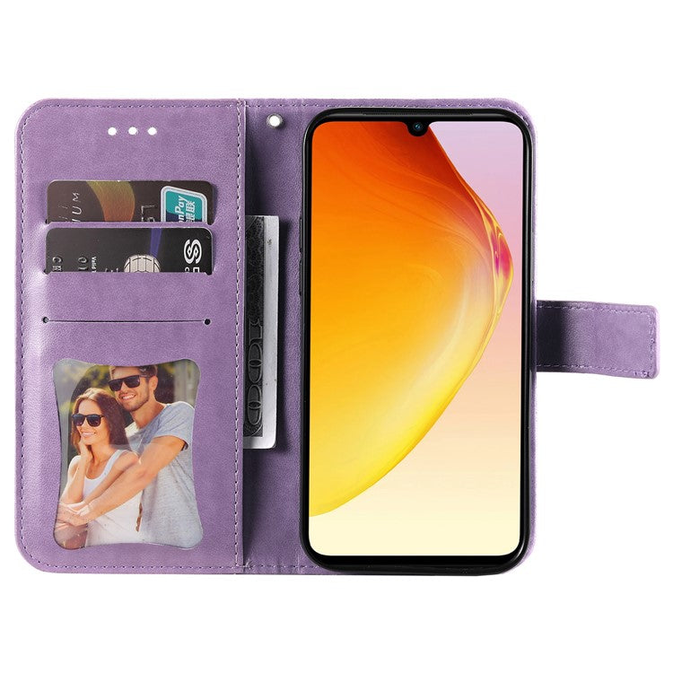 For vivo V25 5G / V25e 4G Flower Imprinting Leather Phone Cover Stand Wallet Case with Strap - Purple