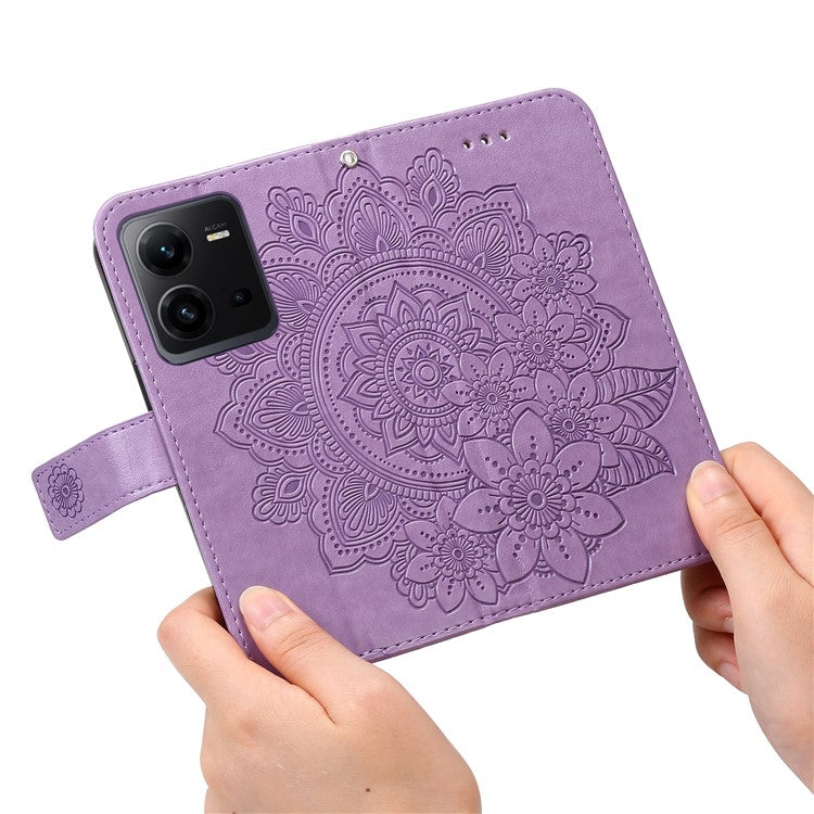 For vivo V25 5G / V25e 4G Flower Imprinting Leather Phone Cover Stand Wallet Case with Strap - Purple