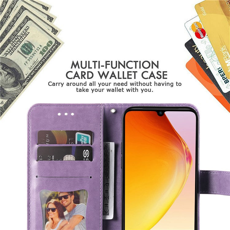 For vivo V25 5G / V25e 4G Flower Imprinting Leather Phone Cover Stand Wallet Case with Strap - Purple