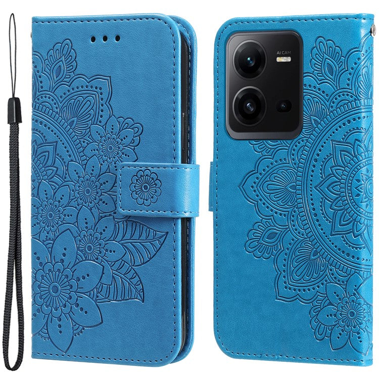 For vivo V25 5G / V25e 4G Flower Imprinting Leather Phone Cover Stand Wallet Case with Strap - Blue