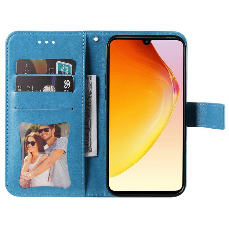 For vivo V25 5G / V25e 4G Flower Imprinting Leather Phone Cover Stand Wallet Case with Strap - Blue