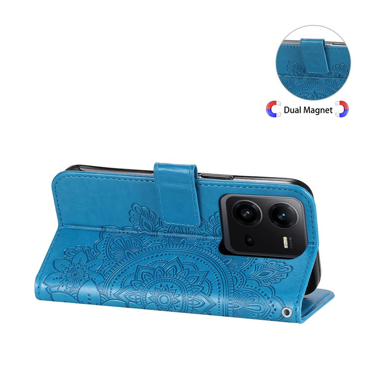 For vivo V25 5G / V25e 4G Flower Imprinting Leather Phone Cover Stand Wallet Case with Strap - Blue