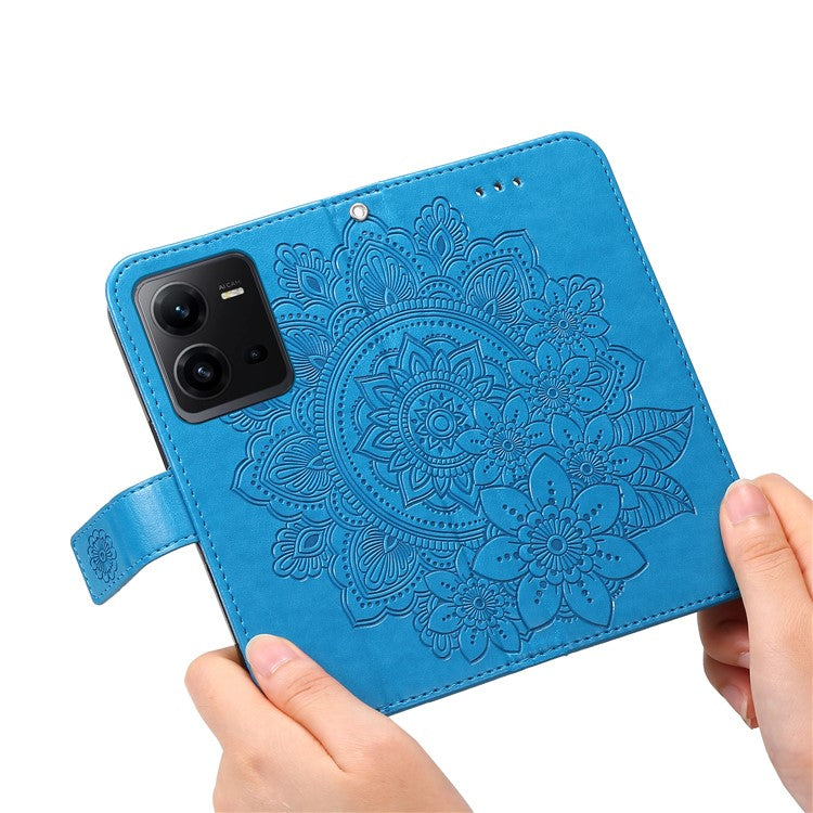 For vivo V25 5G / V25e 4G Flower Imprinting Leather Phone Cover Stand Wallet Case with Strap - Blue