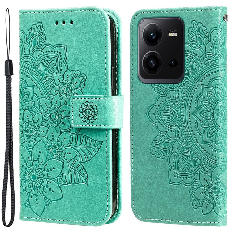 For vivo V25 5G / V25e 4G Flower Imprinting Leather Phone Cover Stand Wallet Case with Strap - Green