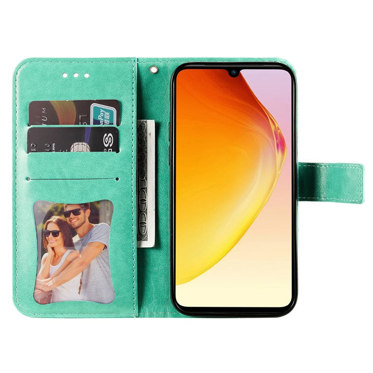 For vivo V25 5G / V25e 4G Flower Imprinting Leather Phone Cover Stand Wallet Case with Strap - Green