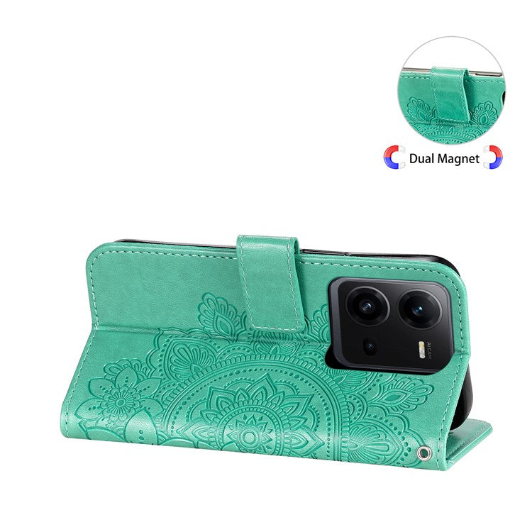 For vivo V25 5G / V25e 4G Flower Imprinting Leather Phone Cover Stand Wallet Case with Strap - Green