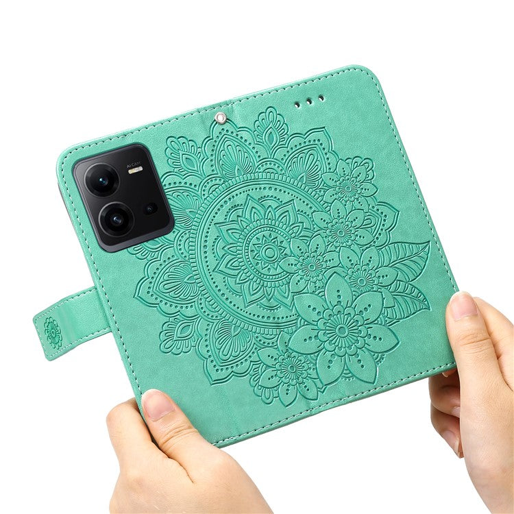 For vivo V25 5G / V25e 4G Flower Imprinting Leather Phone Cover Stand Wallet Case with Strap - Green