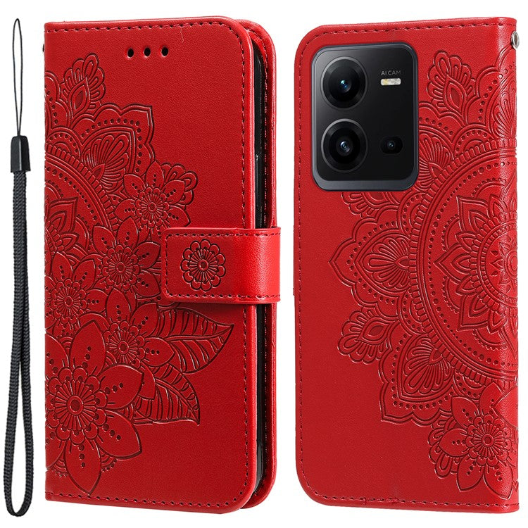 For vivo V25 5G / V25e 4G Flower Imprinting Leather Phone Cover Stand Wallet Case with Strap - Red