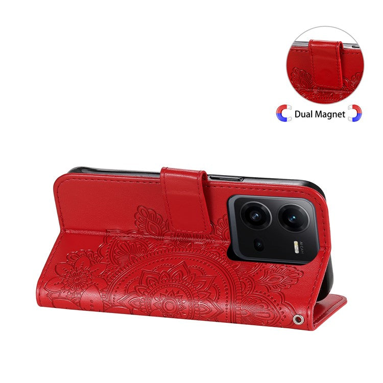 For vivo V25 5G / V25e 4G Flower Imprinting Leather Phone Cover Stand Wallet Case with Strap - Red