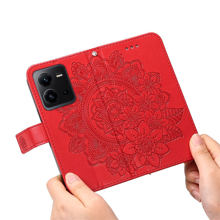 For vivo V25 5G / V25e 4G Flower Imprinting Leather Phone Cover Stand Wallet Case with Strap - Red