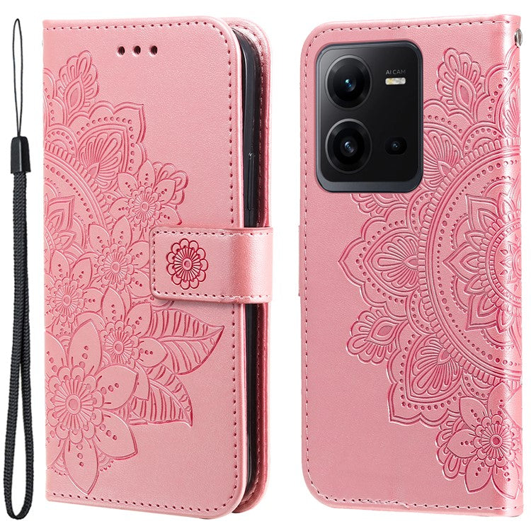 For vivo V25 5G / V25e 4G Flower Imprinting Leather Phone Cover Stand Wallet Case with Strap - Pink