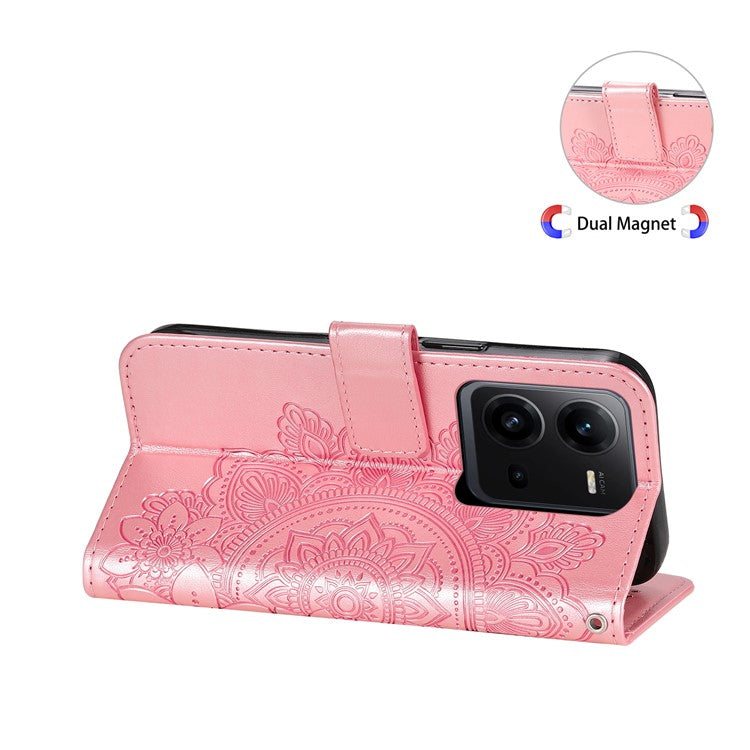 For vivo V25 5G / V25e 4G Flower Imprinting Leather Phone Cover Stand Wallet Case with Strap - Pink