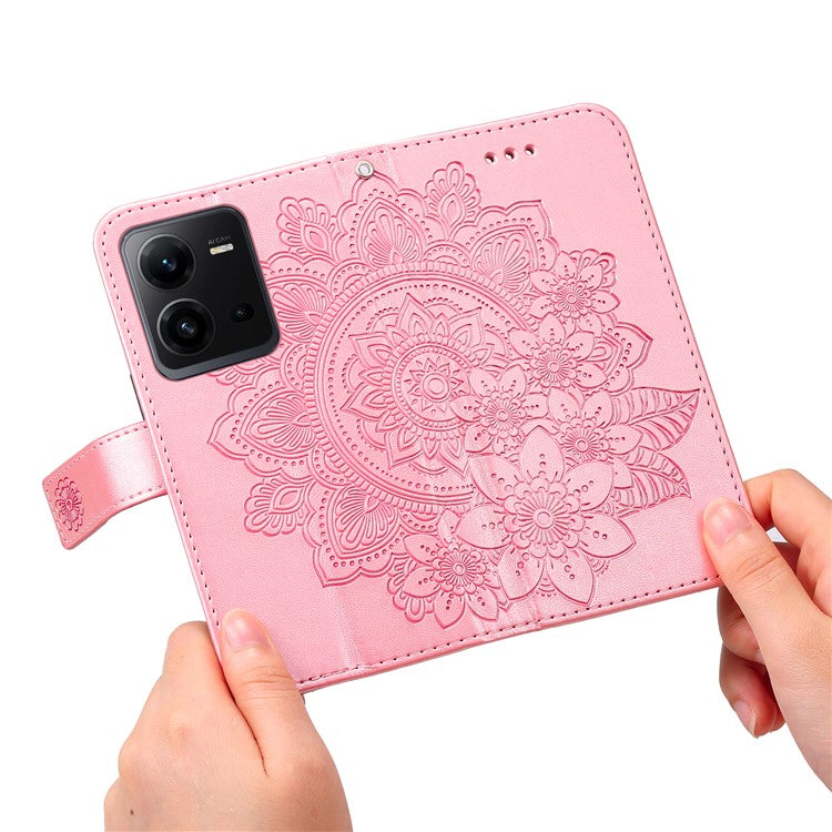 For vivo V25 5G / V25e 4G Flower Imprinting Leather Phone Cover Stand Wallet Case with Strap - Pink