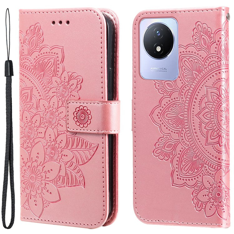 For vivo Y02 4G Anti-Scratch Phone Cover Flower Imprinting Leather Stand Wallet Case with Strap - Pink