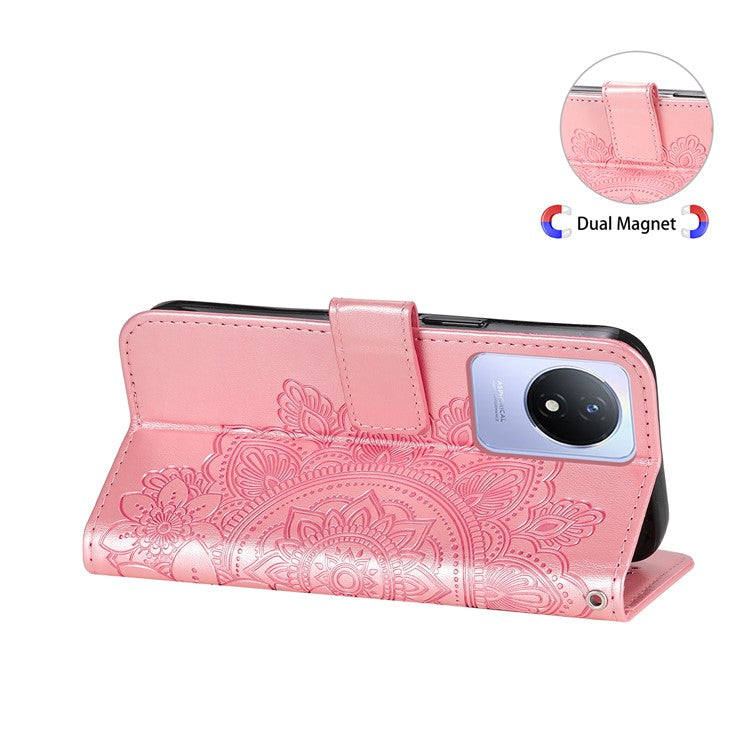 For vivo Y02 4G Anti-Scratch Phone Cover Flower Imprinting Leather Stand Wallet Case with Strap - Pink