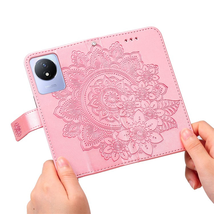 For vivo Y02 4G Anti-Scratch Phone Cover Flower Imprinting Leather Stand Wallet Case with Strap - Pink