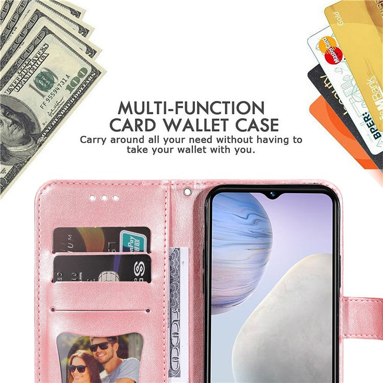 For vivo Y02 4G Anti-Scratch Phone Cover Flower Imprinting Leather Stand Wallet Case with Strap - Pink