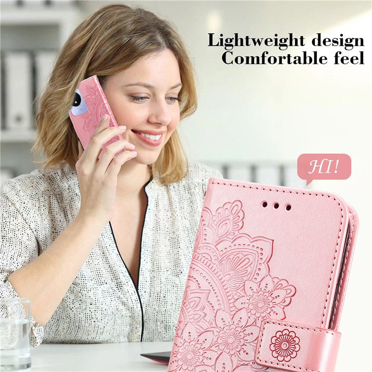 For vivo Y02 4G Anti-Scratch Phone Cover Flower Imprinting Leather Stand Wallet Case with Strap - Pink