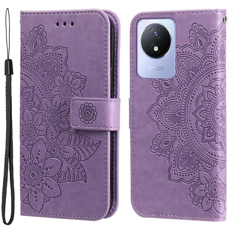 For vivo Y02 4G Anti-Scratch Phone Cover Flower Imprinting Leather Stand Wallet Case with Strap - Purple