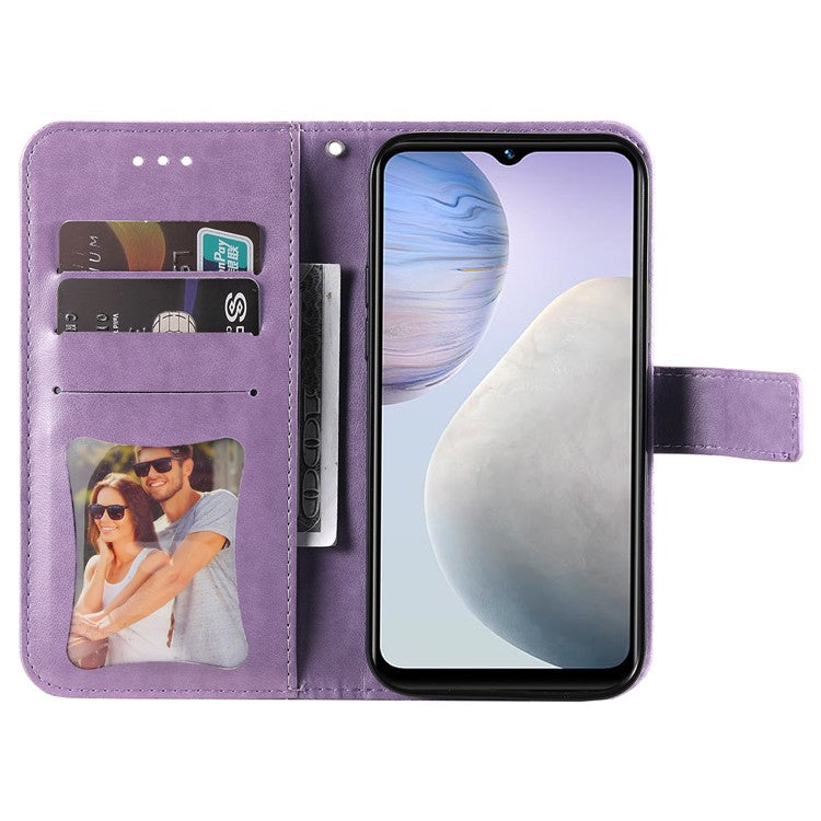 For vivo Y02 4G Anti-Scratch Phone Cover Flower Imprinting Leather Stand Wallet Case with Strap - Purple