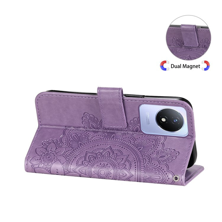 For vivo Y02 4G Anti-Scratch Phone Cover Flower Imprinting Leather Stand Wallet Case with Strap - Purple