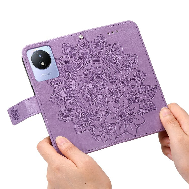 For vivo Y02 4G Anti-Scratch Phone Cover Flower Imprinting Leather Stand Wallet Case with Strap - Purple