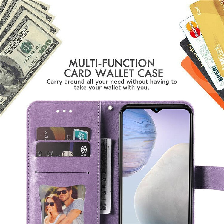 For vivo Y02 4G Anti-Scratch Phone Cover Flower Imprinting Leather Stand Wallet Case with Strap - Purple