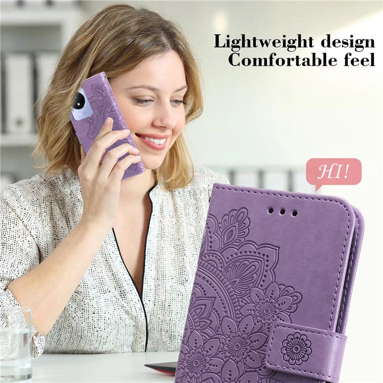 For vivo Y02 4G Anti-Scratch Phone Cover Flower Imprinting Leather Stand Wallet Case with Strap - Purple