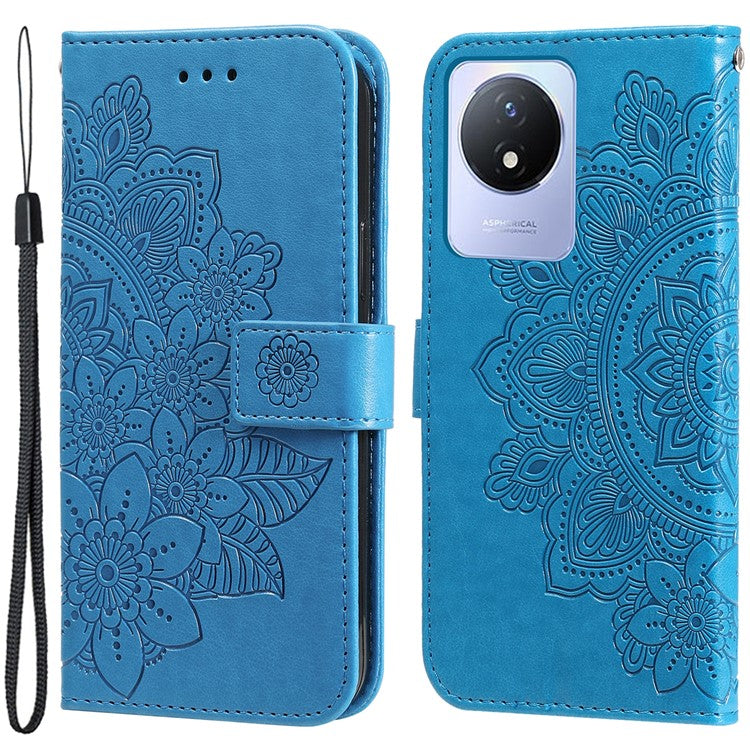 For vivo Y02 4G Anti-Scratch Phone Cover Flower Imprinting Leather Stand Wallet Case with Strap - Blue