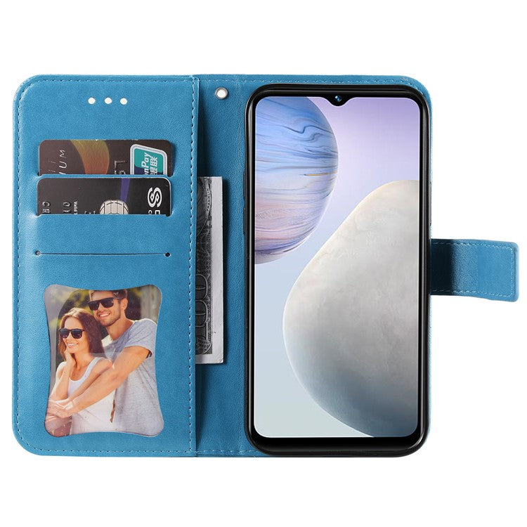 For vivo Y02 4G Anti-Scratch Phone Cover Flower Imprinting Leather Stand Wallet Case with Strap - Blue