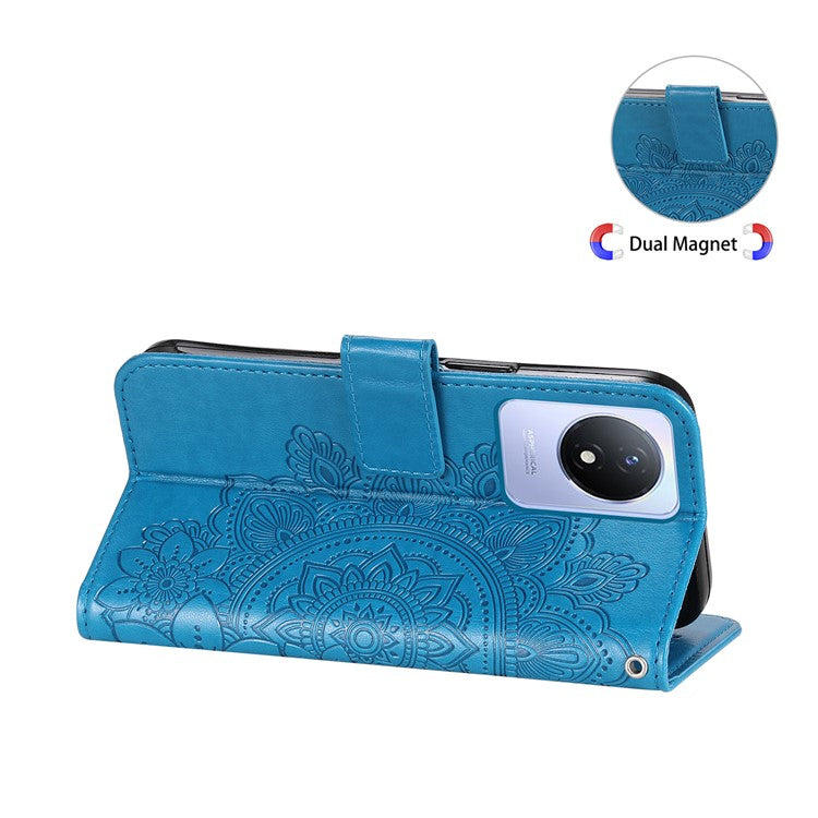 For vivo Y02 4G Anti-Scratch Phone Cover Flower Imprinting Leather Stand Wallet Case with Strap - Blue