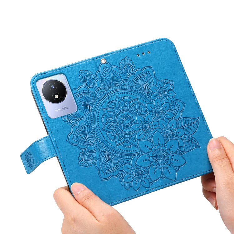 For vivo Y02 4G Anti-Scratch Phone Cover Flower Imprinting Leather Stand Wallet Case with Strap - Blue