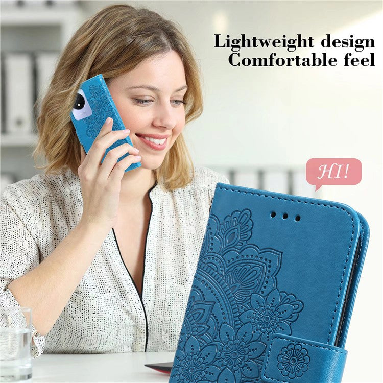 For vivo Y02 4G Anti-Scratch Phone Cover Flower Imprinting Leather Stand Wallet Case with Strap - Blue