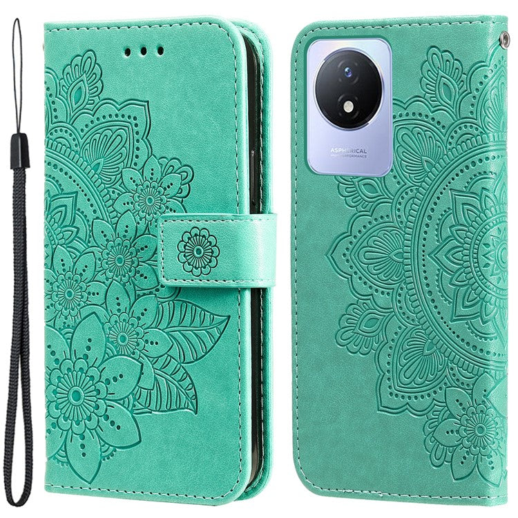 For vivo Y02 4G Anti-Scratch Phone Cover Flower Imprinting Leather Stand Wallet Case with Strap - Green