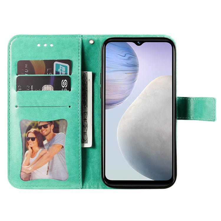 For vivo Y02 4G Anti-Scratch Phone Cover Flower Imprinting Leather Stand Wallet Case with Strap - Green