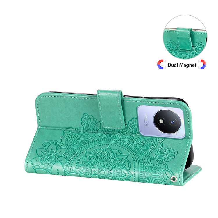 For vivo Y02 4G Anti-Scratch Phone Cover Flower Imprinting Leather Stand Wallet Case with Strap - Green