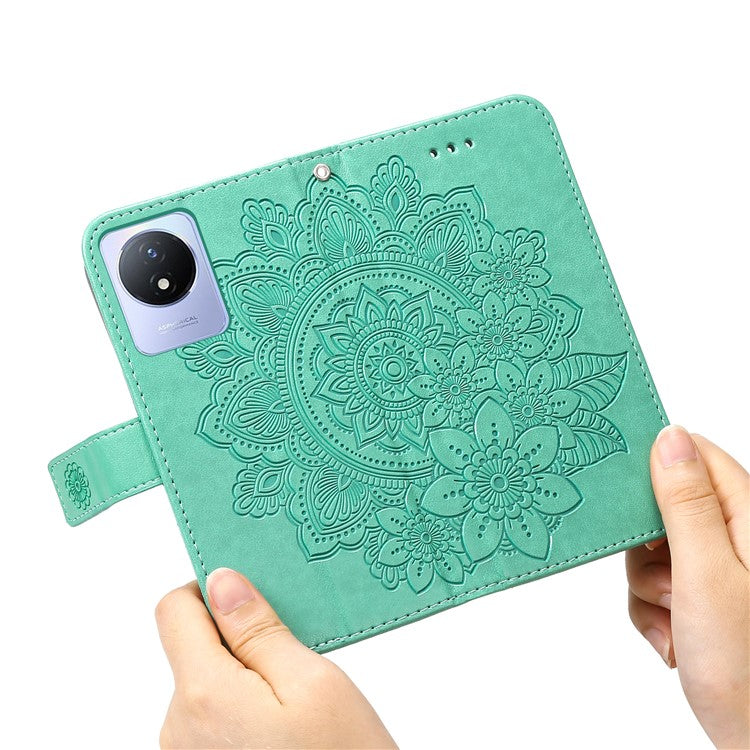 For vivo Y02 4G Anti-Scratch Phone Cover Flower Imprinting Leather Stand Wallet Case with Strap - Green