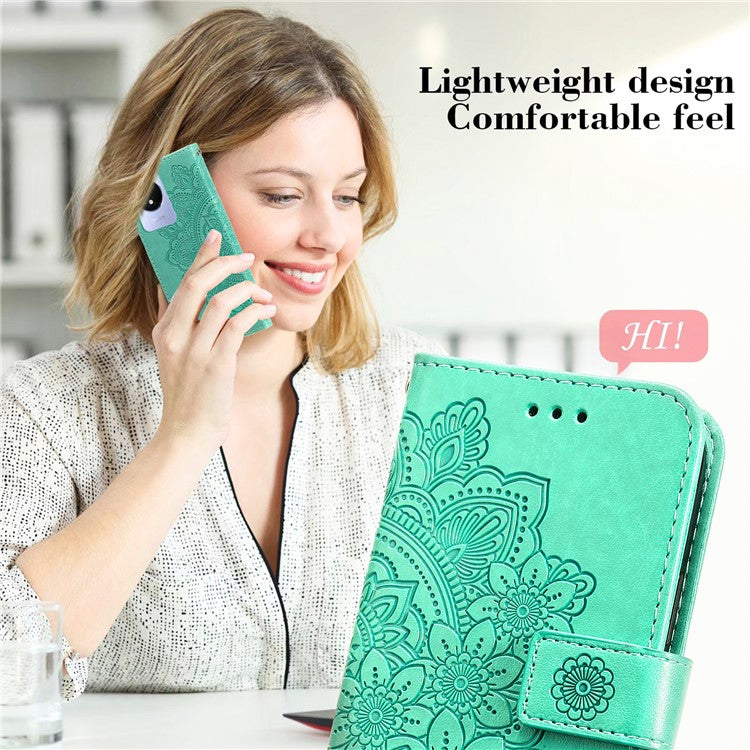 For vivo Y02 4G Anti-Scratch Phone Cover Flower Imprinting Leather Stand Wallet Case with Strap - Green