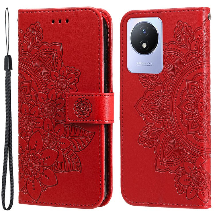 For vivo Y02 4G Anti-Scratch Phone Cover Flower Imprinting Leather Stand Wallet Case with Strap - Red