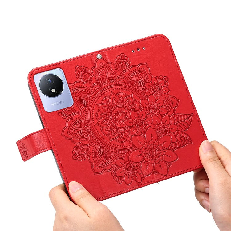 For vivo Y02 4G Anti-Scratch Phone Cover Flower Imprinting Leather Stand Wallet Case with Strap - Red